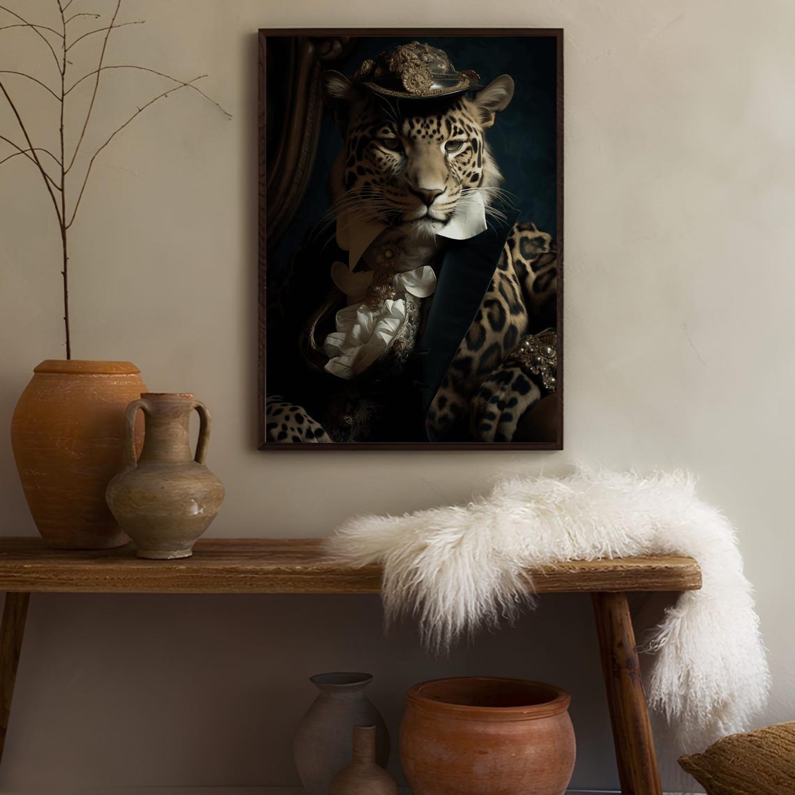 Victorian Leopard Portrait Wearing a Cap Dark Elegant Animal Poster - Image 2