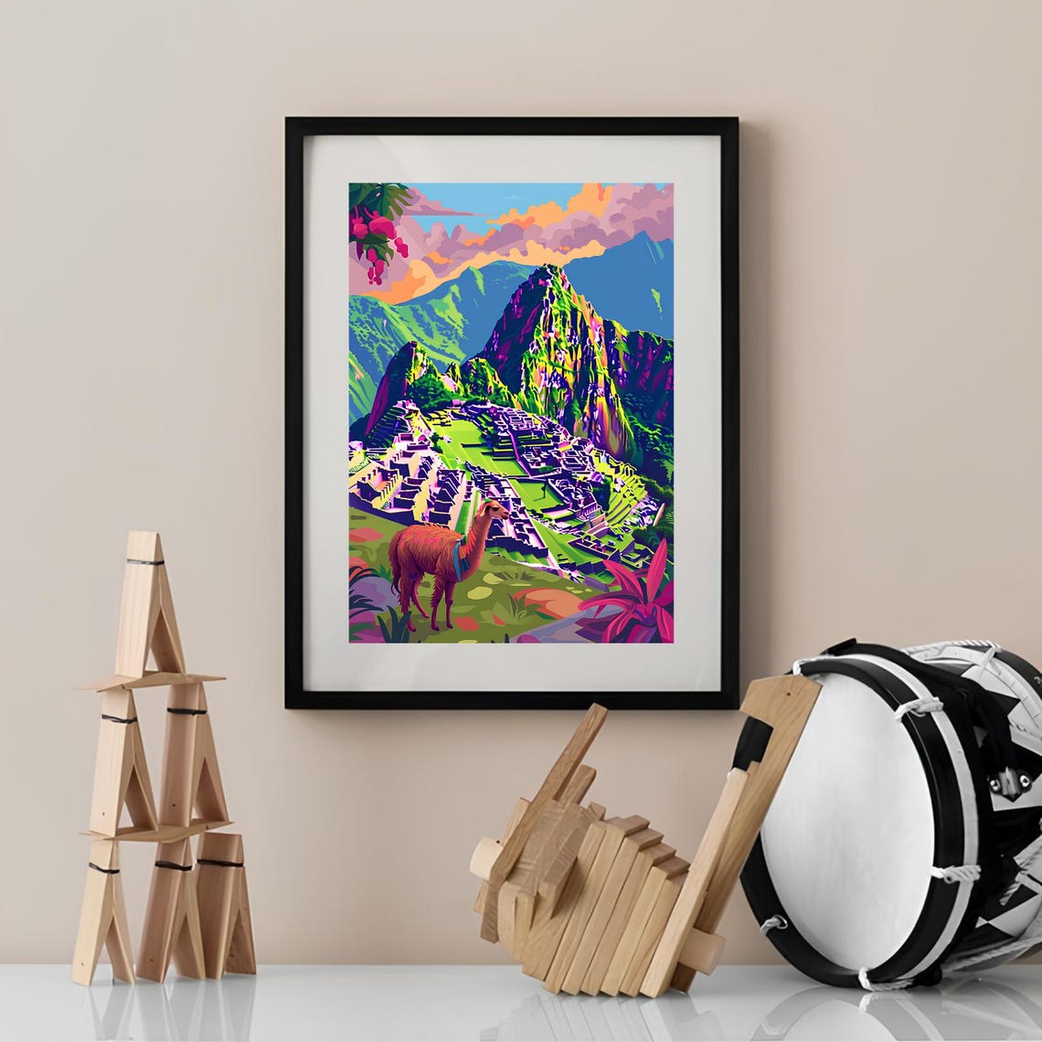 Machu Picchu Peru with Llama Vibrant Ancient Ruins View Poster - Image 2