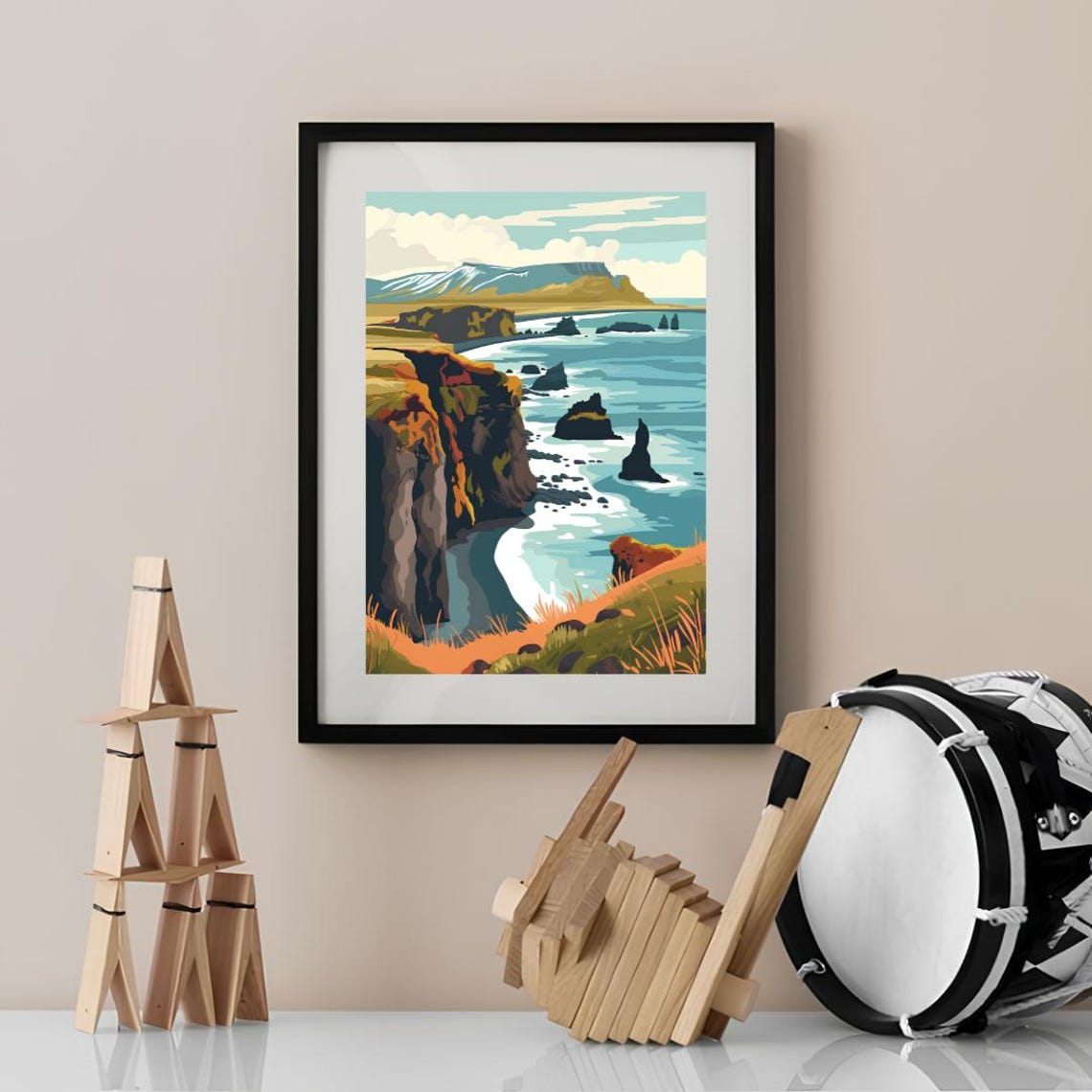 Iceland Rugged Coast Cliffs Sea Stacks Travel Illustration Poster - Image 2