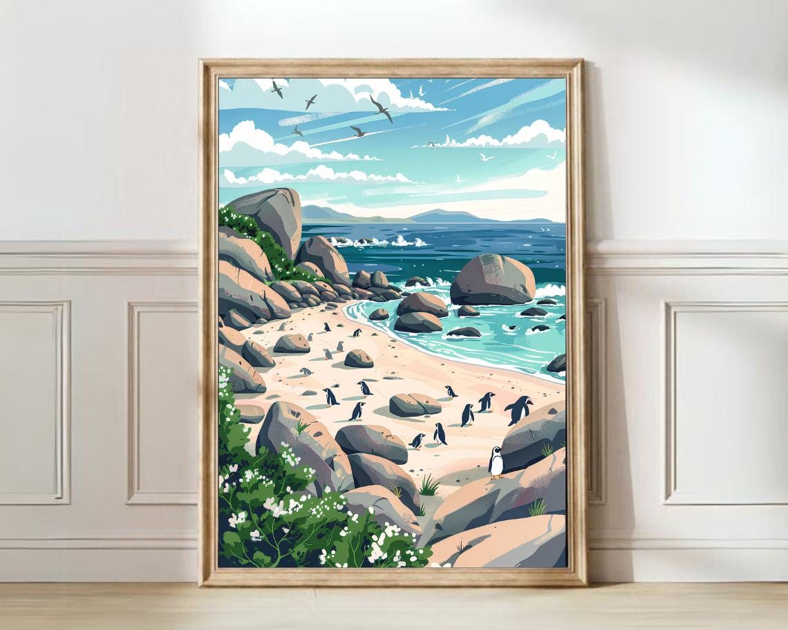 South Africa Print South Africa Illustration Boulders Beach Print Penguin Print South Africa Travel Poster South Africa Gift Baby Penguins