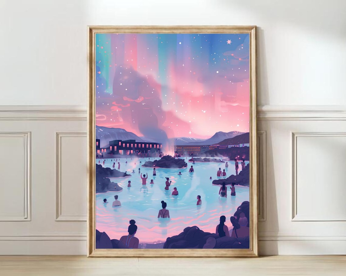 Iceland Illustration Reykjavik, Blue Lagoon Travel Poster