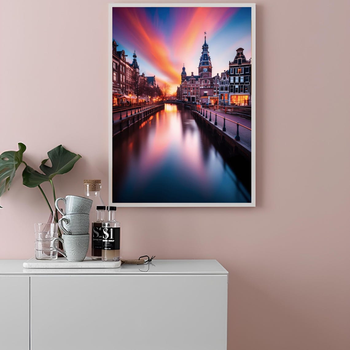 Amsterdam Netherlands Canal Poster at Sunset with Historic Houses - Image 2