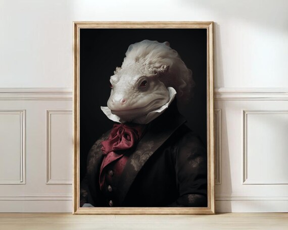 Victorian Axolotl Portrait with Red Bow Tie Dark Dapper Animal Poster