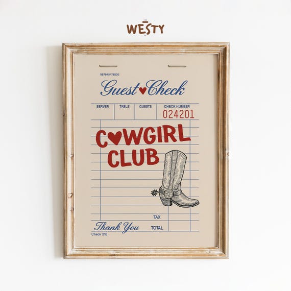 Cowgirl Club Poster Western Diner Wall Art Retro Guest Check Print