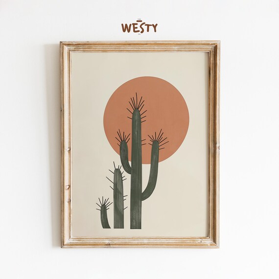 Minimalist Saguaro Cactus Desert Sunset Boho Style Sun Art Poster