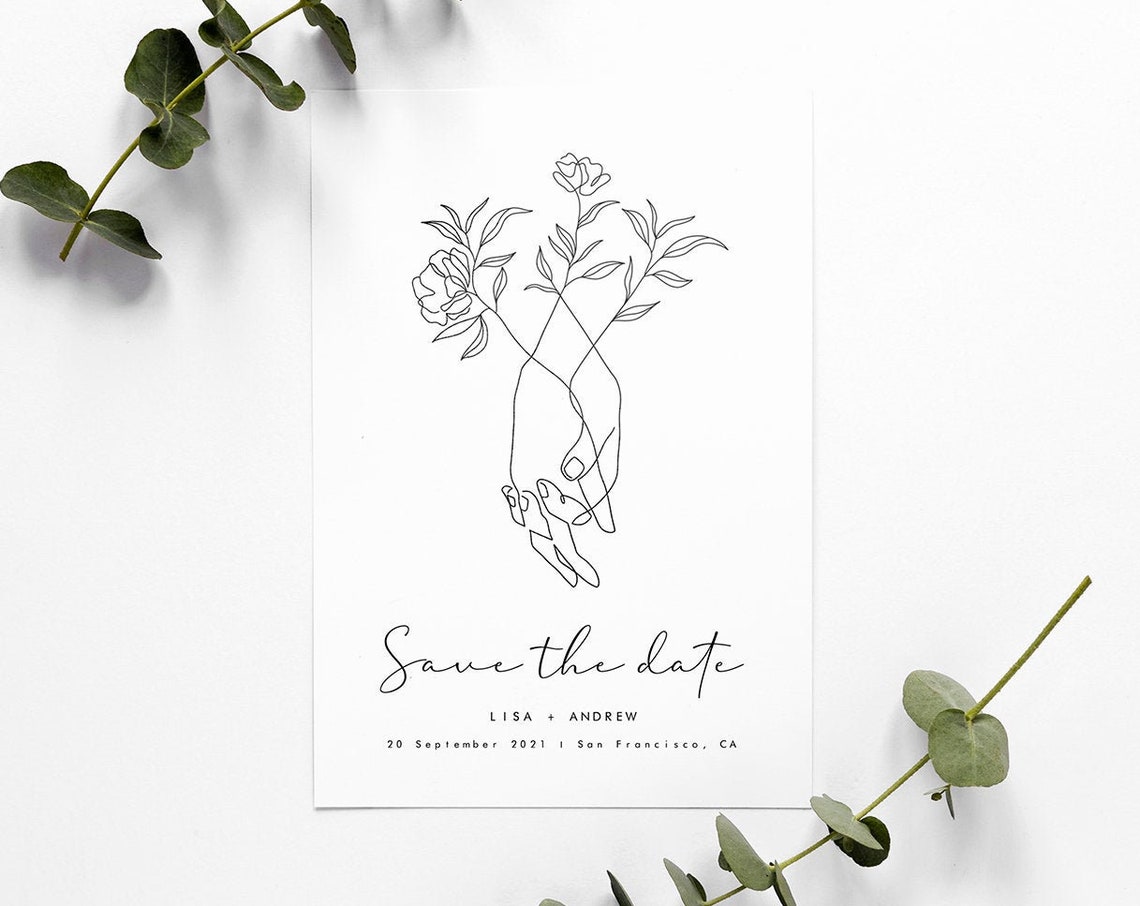 Save the Date Holding Hands Floral Line Art Poster Elegant Minimalist
