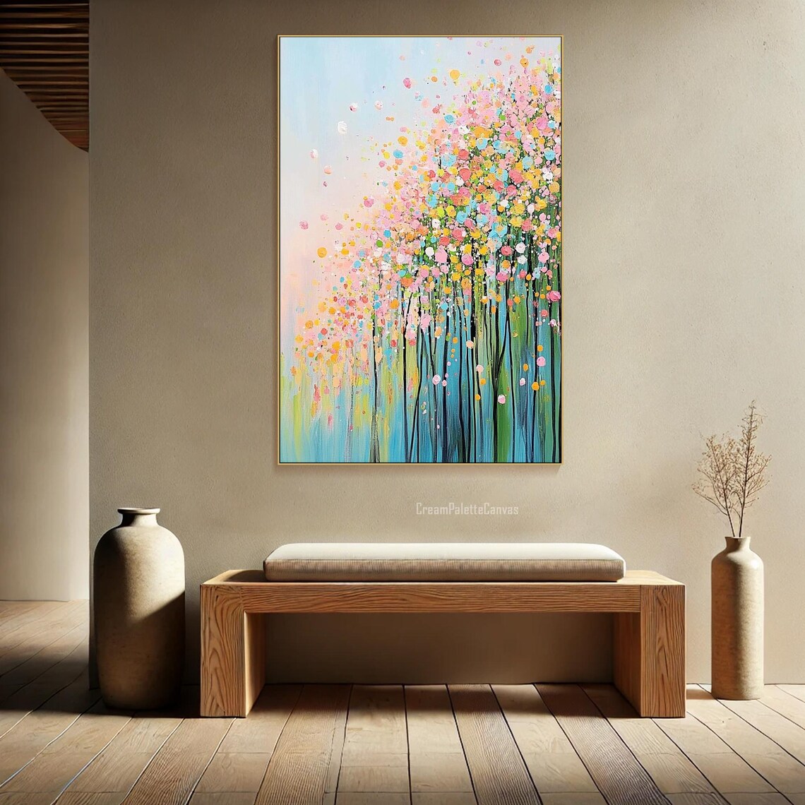 Confetti Blossom Trees Pink Yellow Dots Textured Oil Painting Wall Art - Image 2