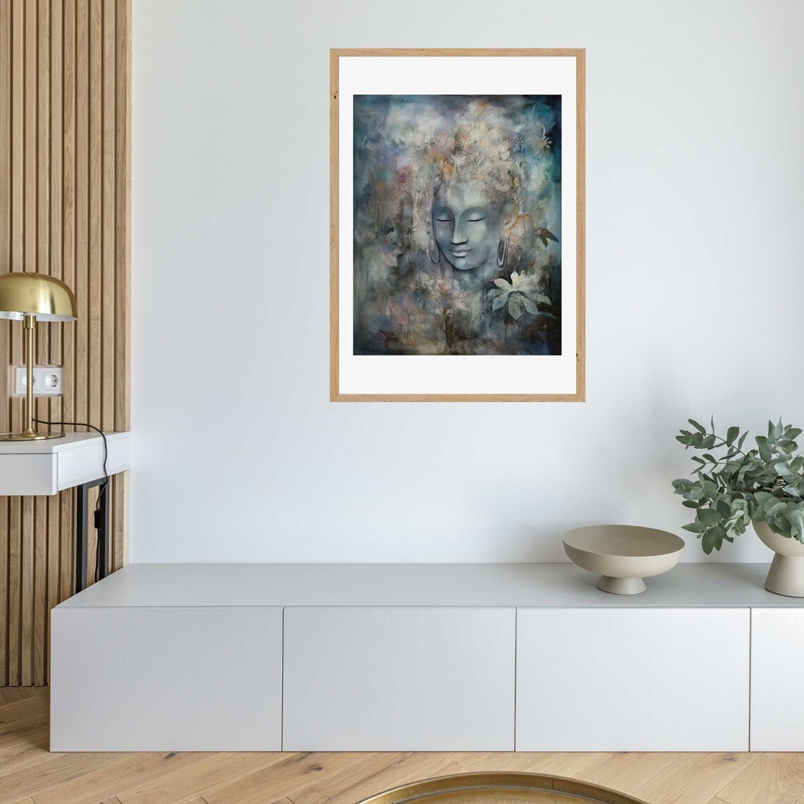 Serene Blue Buddha Face Watercolor Floral Crown Spiritual Meditation Poster - Image 3