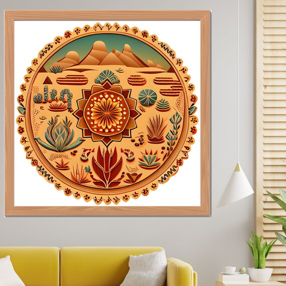 Desert Mandala with Mountains and Cacti in Earth Tones Poster