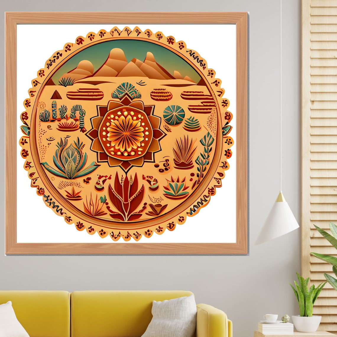 Desert Mandala with Mountains and Cacti in Earth Tones Poster