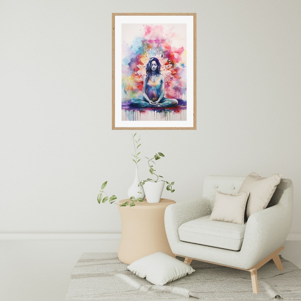 Woman Meditating Rainbow Chakra Aura Mandala Halo Vibrant Wall Art - Image 2