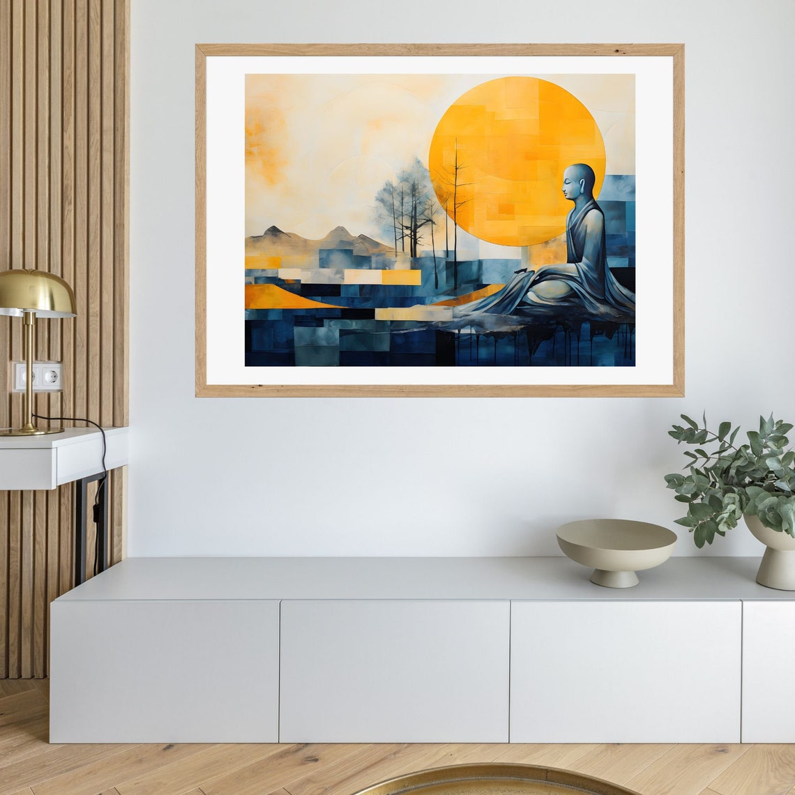 Monk Meditating Under a Giant Golden Sun in a Blue Landscape Poster - Image 3