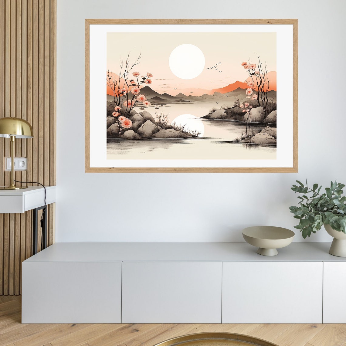 Japanese Sunrise Ink Landscape Pink Blossoms Mountains Wall Art - Image 3
