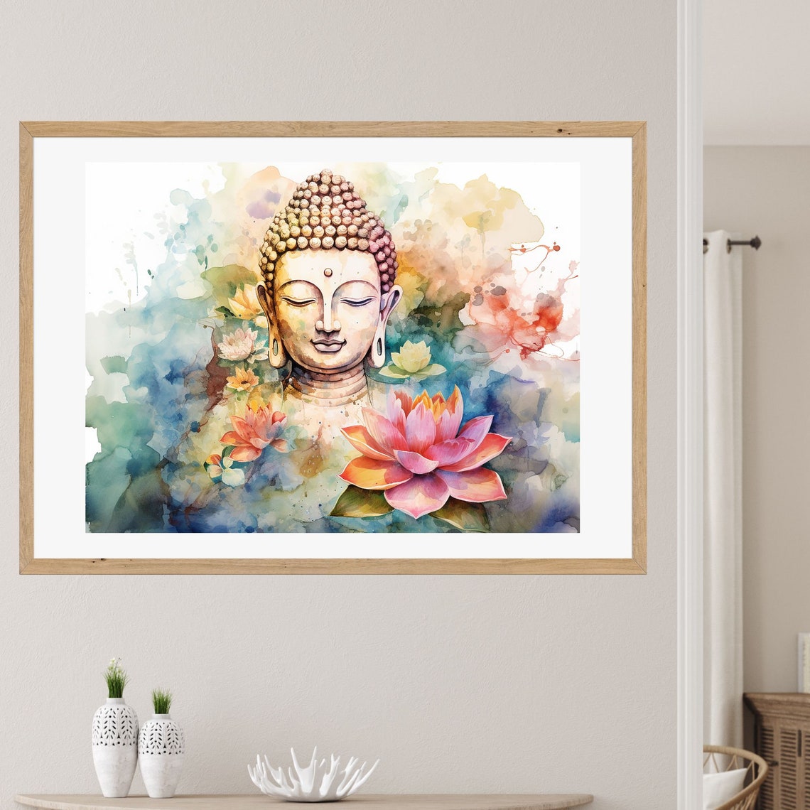 Watercolor Buddha Face With Pink Lotus Color Splash Wall Art