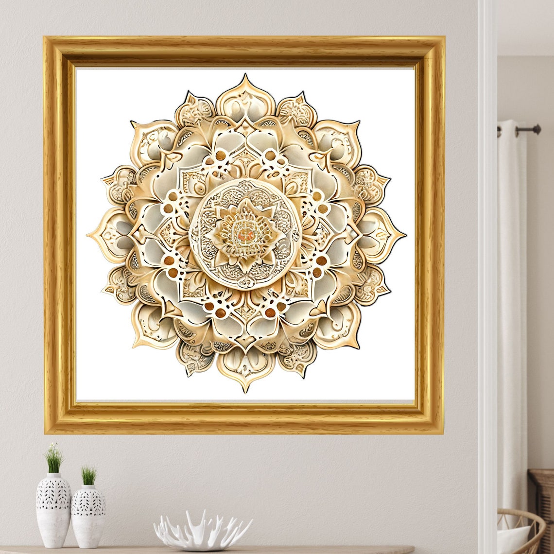 Ornate Gold and Cream Mandala in a Classic Gold Frame Poster