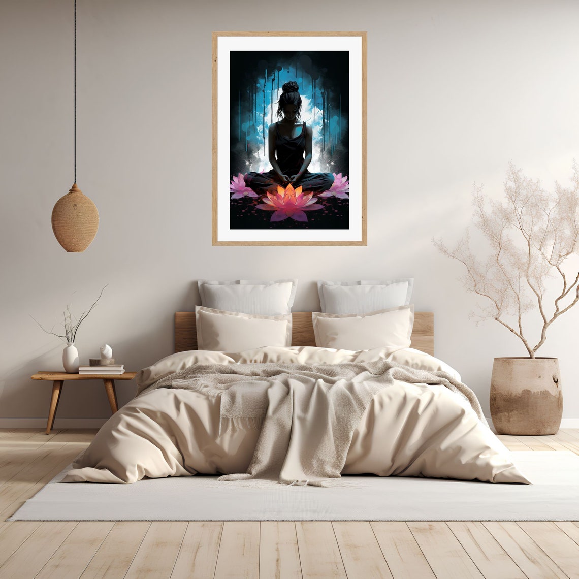 Meditating Woman Silhouette with Glowing Pink Lotus Flower Poster