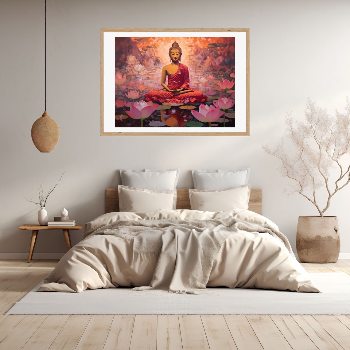 Buddha Meditating Among Pink Lotus Flowers at a Warm Sunset Poster