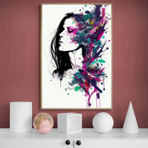 Woman Profile Dissolving into Vivid Magenta Paint Splashes Poster