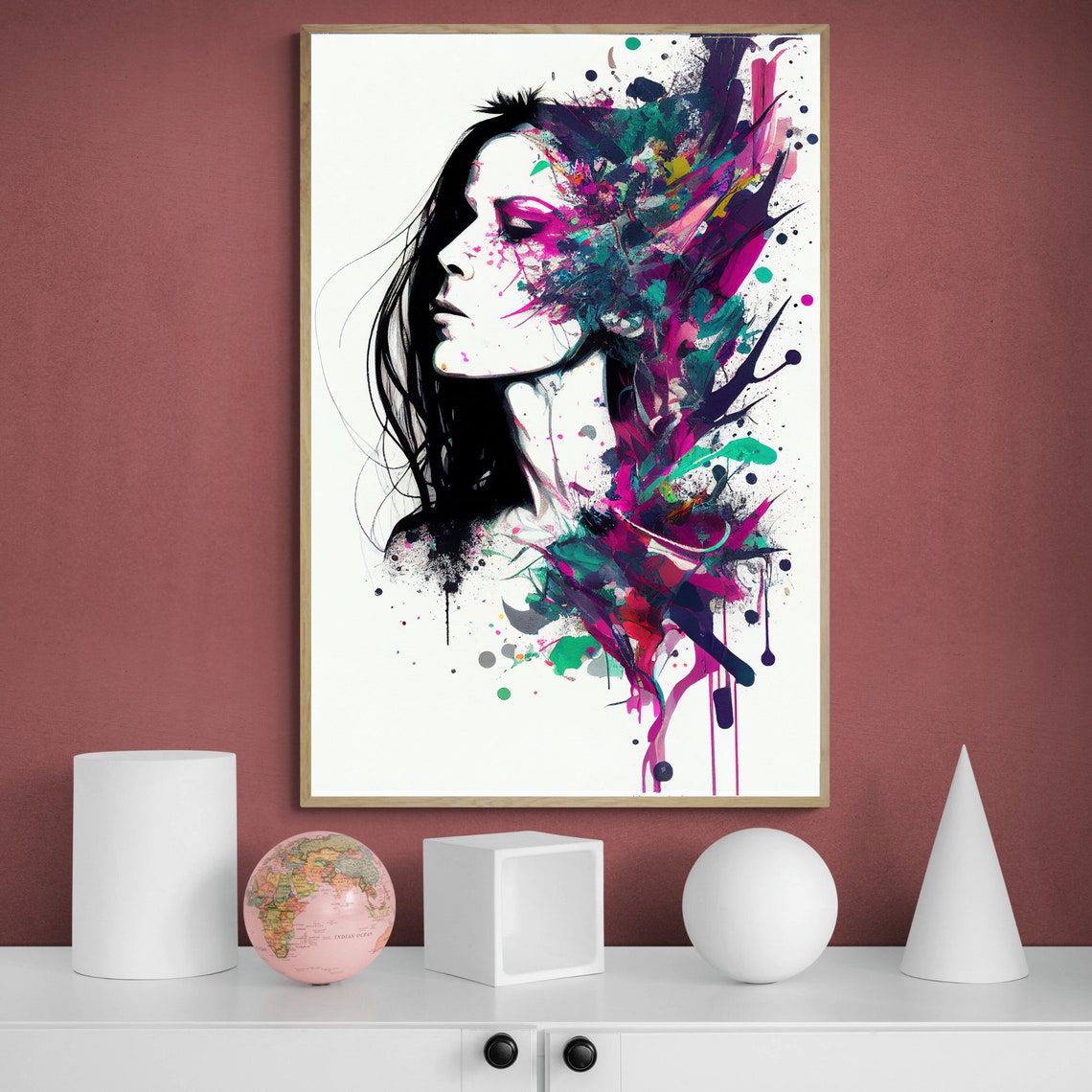 Woman Profile Dissolving into Vivid Magenta Paint Splashes Poster