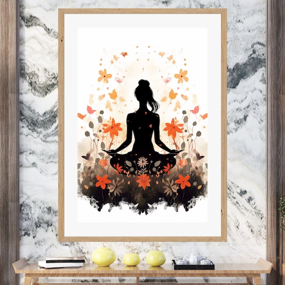 Meditating Woman Silhouette Among Orange Flowers Bold Feminine Wall Art