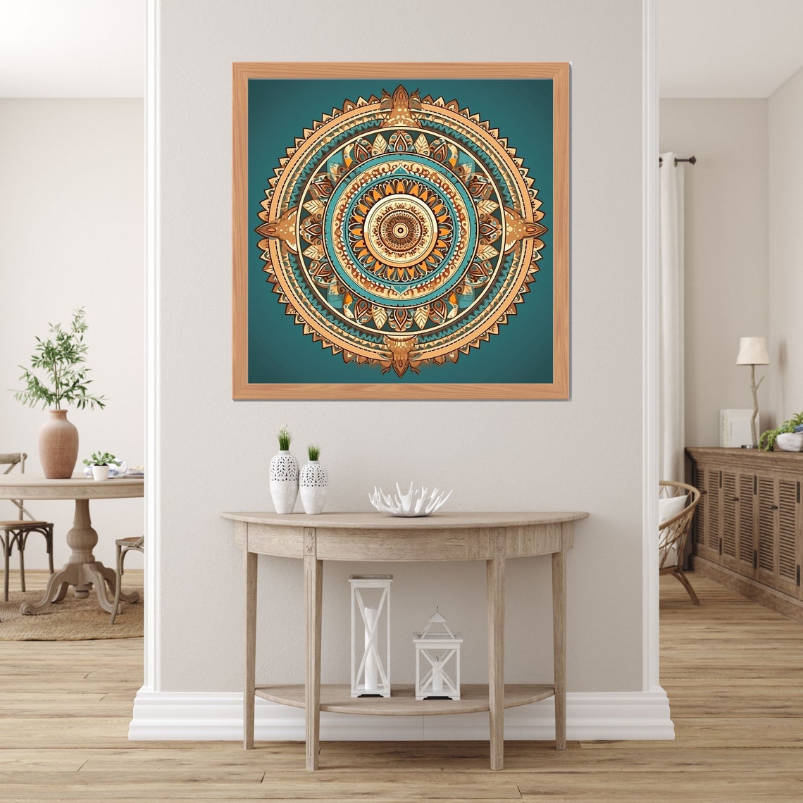 Teal and Orange Circular Mandala Vivid Teal Background Wall Art - Image 2