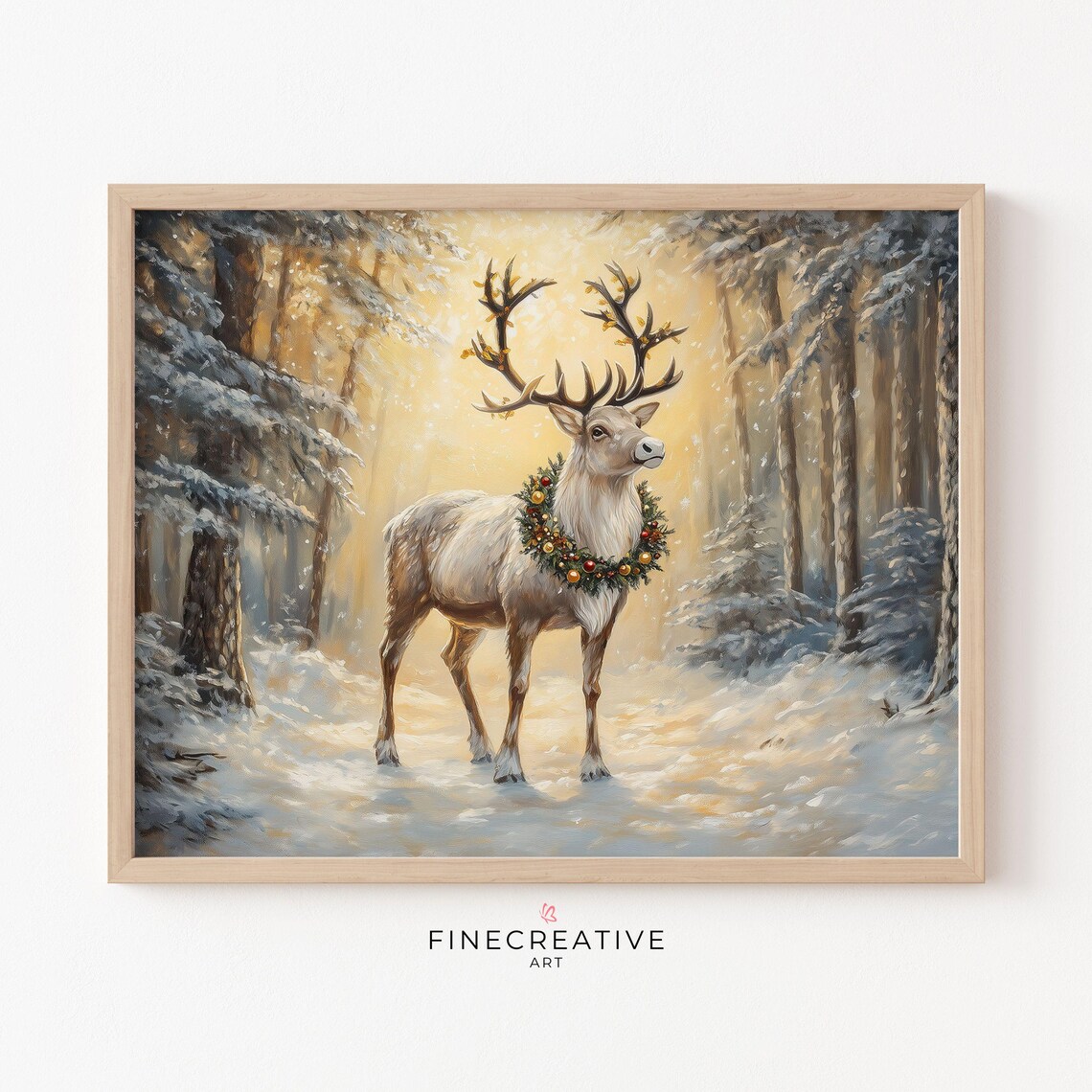 White Reindeer with Christmas Wreath Collar in Snowy Sunrise Poster