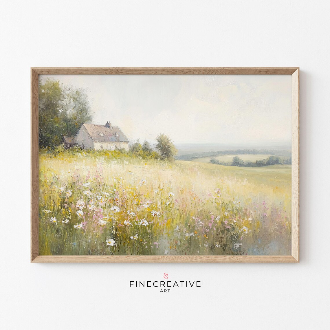 Cottage Wildflower Meadow Golden Field Country Landscape Travel Poster