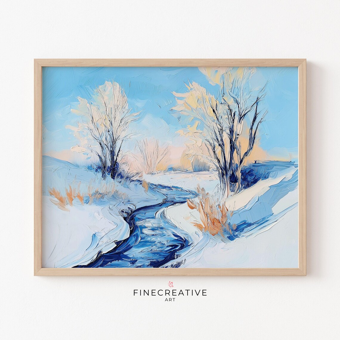 Snowy Stream Winter Landscape Painting Blue River Snowbanks Wall Poster