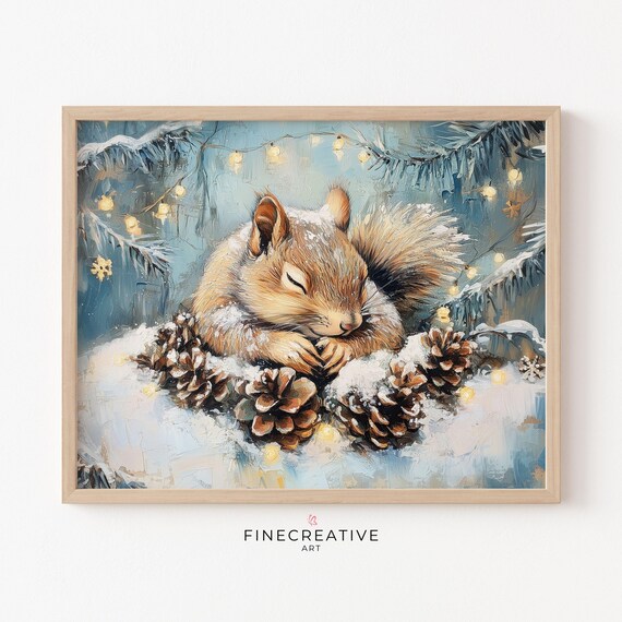 Sleeping Squirrel Curled With Pinecones Winter Portrait Poster