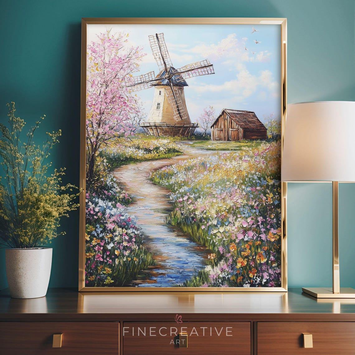 Windmill Spring Flower Fields Stream Barn Countryside Travel Poster - Image 4