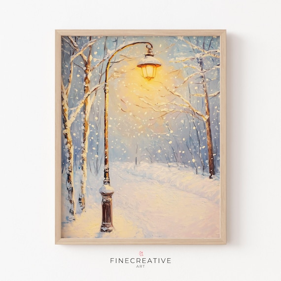 Vintage Street Lamp Glowing In Snowy Forest At Night Scene Poster