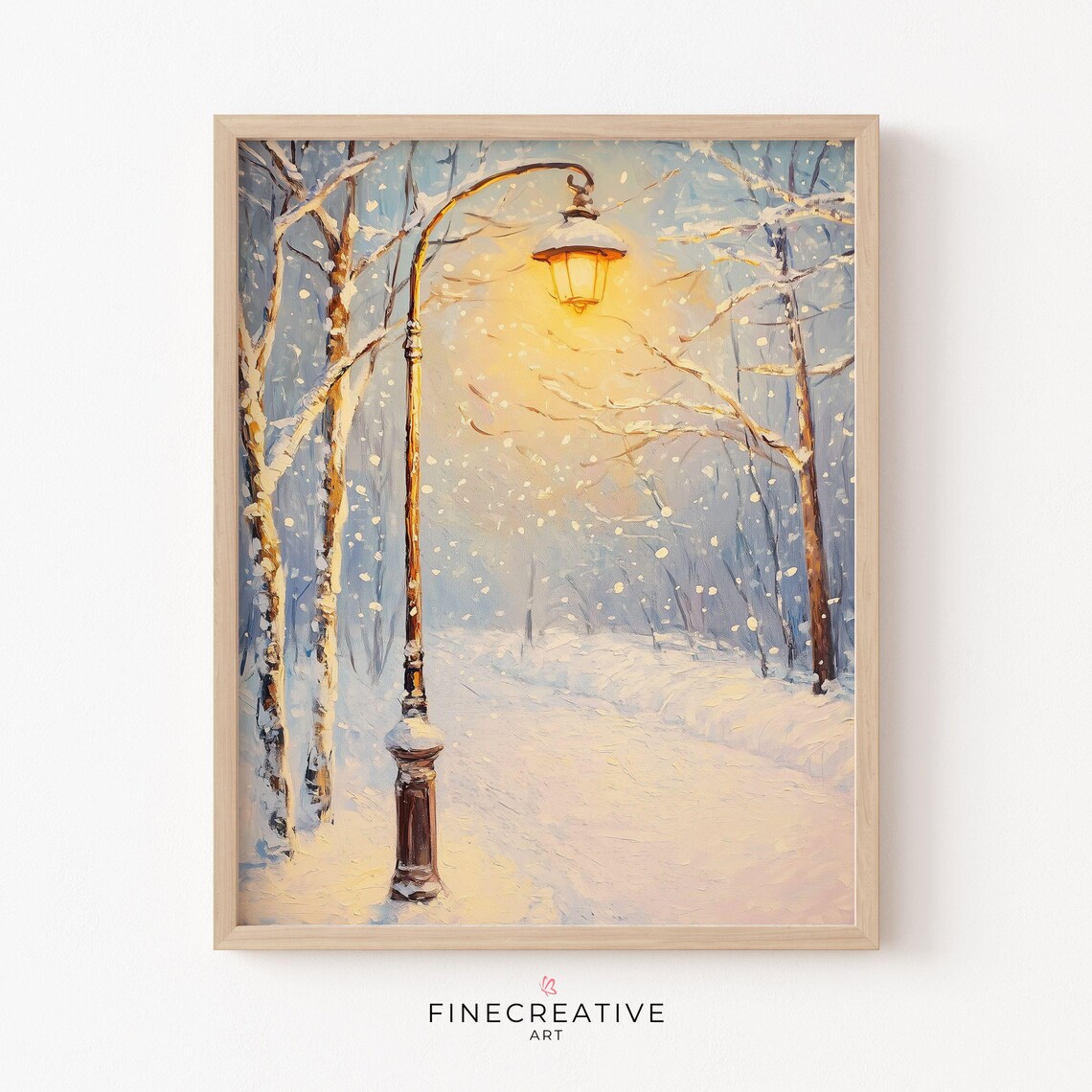 Vintage Street Lamp Glowing In Snowy Forest At Night Scene Poster