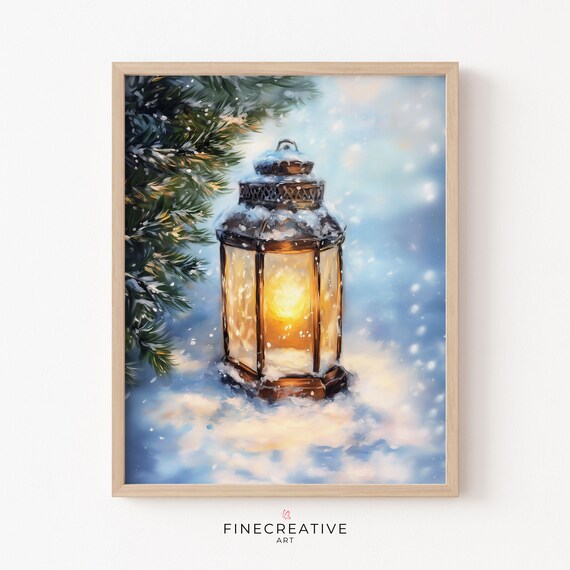 Glowing Winter Lantern in Snow Pine Painting Cozy Night Wall Poster