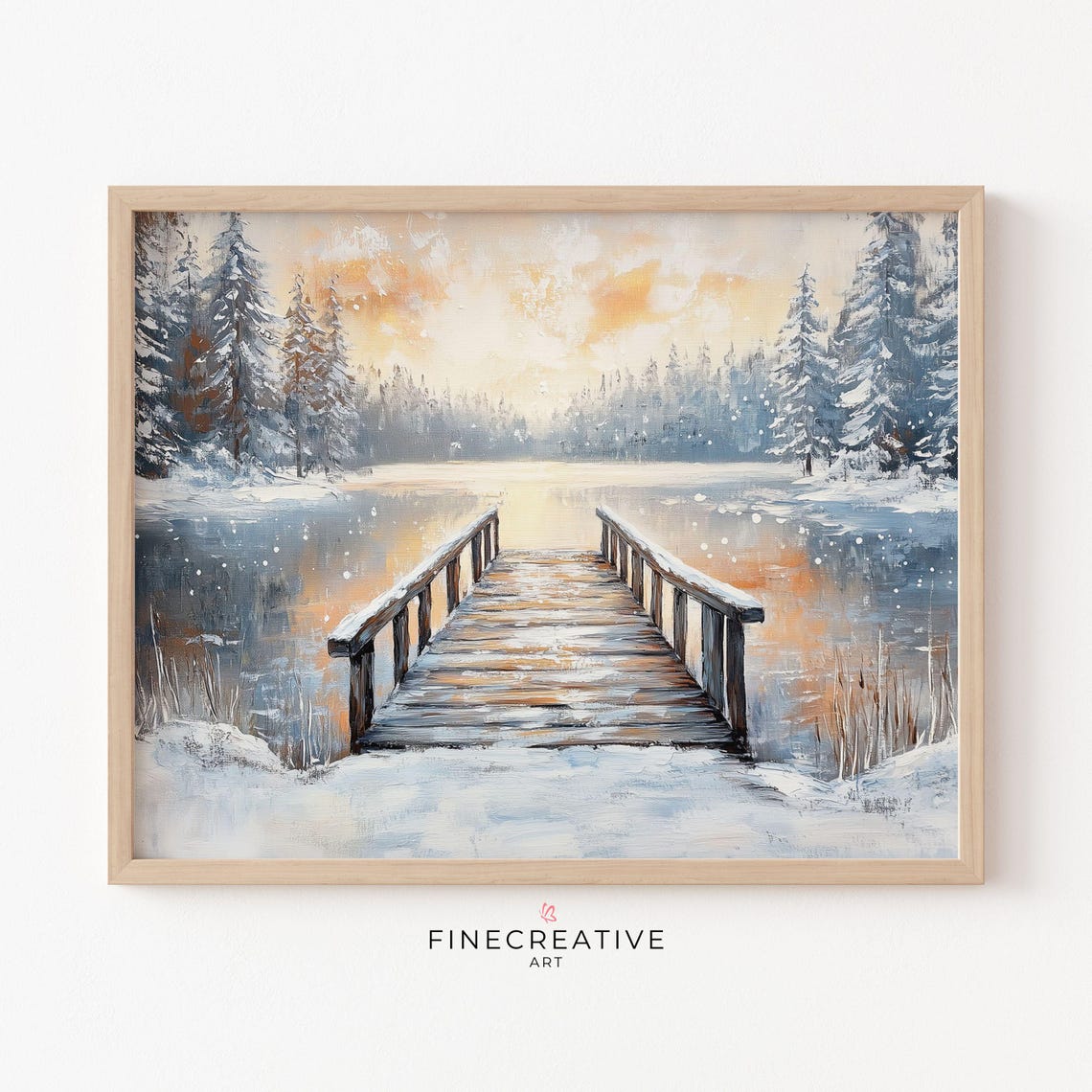 Wooden Dock Over Frozen Lake at Sunset Among Snowy Pines Poster