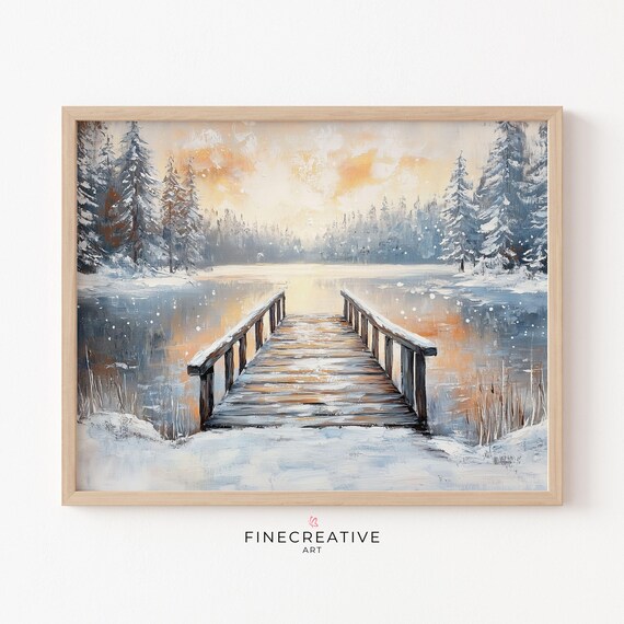 Wooden Dock Over Frozen Lake at Sunset Among Snowy Pines Poster