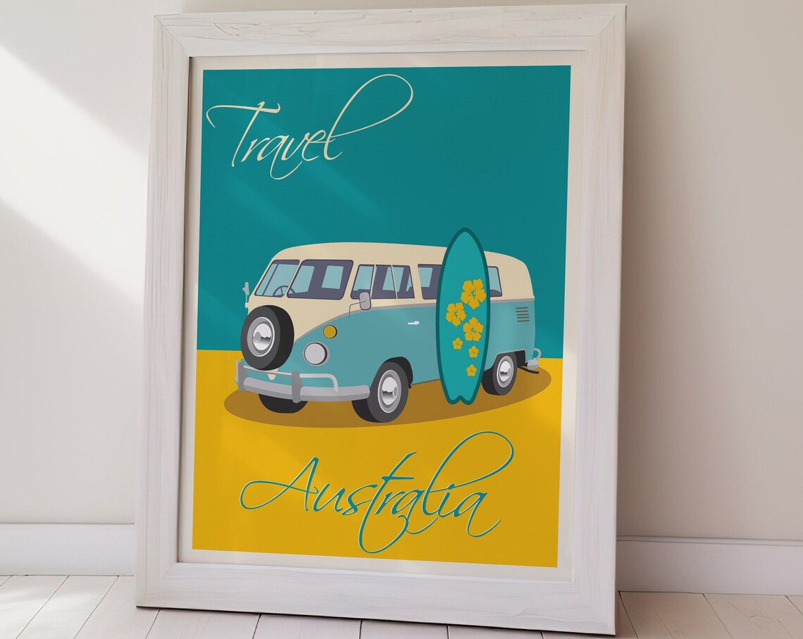 Travel Australia Retro Camper Van Surfboard Beach Road Poster - Image 3