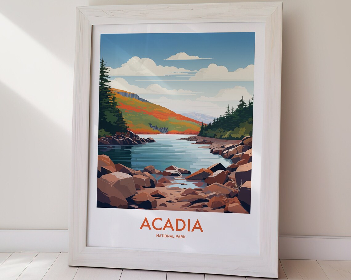 Acadia National Park Rocky Shoreline Lake Autumn Hill Poster - Image 2
