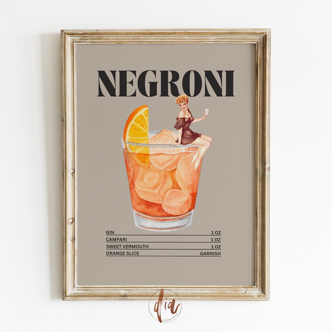 Vintage Negroni Cocktail Recipe Retro Pin Up Girl Bar Cart Poster