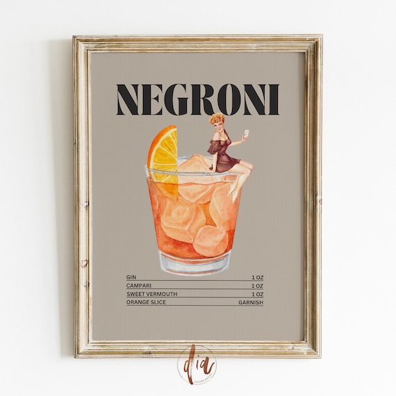 Vintage Negroni Cocktail Recipe Retro Pin Up Girl Bar Cart Poster