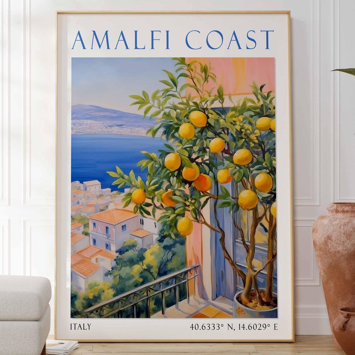 Amalfi Coast Lemon Tree Coastal Town Overlook Italy Travel Poster