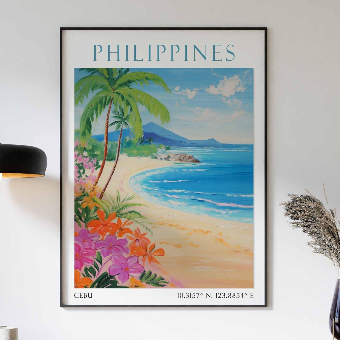 Philippines Cebu Tropical Beach Palm Trees Hibiscus Ocean Coast Poster