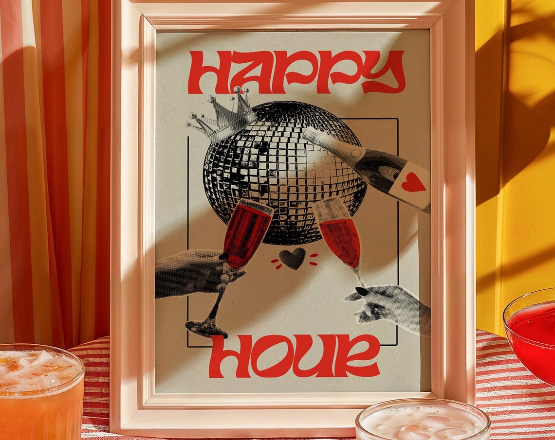 Happy Hour Retro Disco Ball Champagne Celebration Bar Cart Poster - Image 2