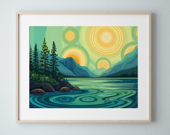 Abstract Swirling Lake Mountains Golden Sun Painterly Scene Poster