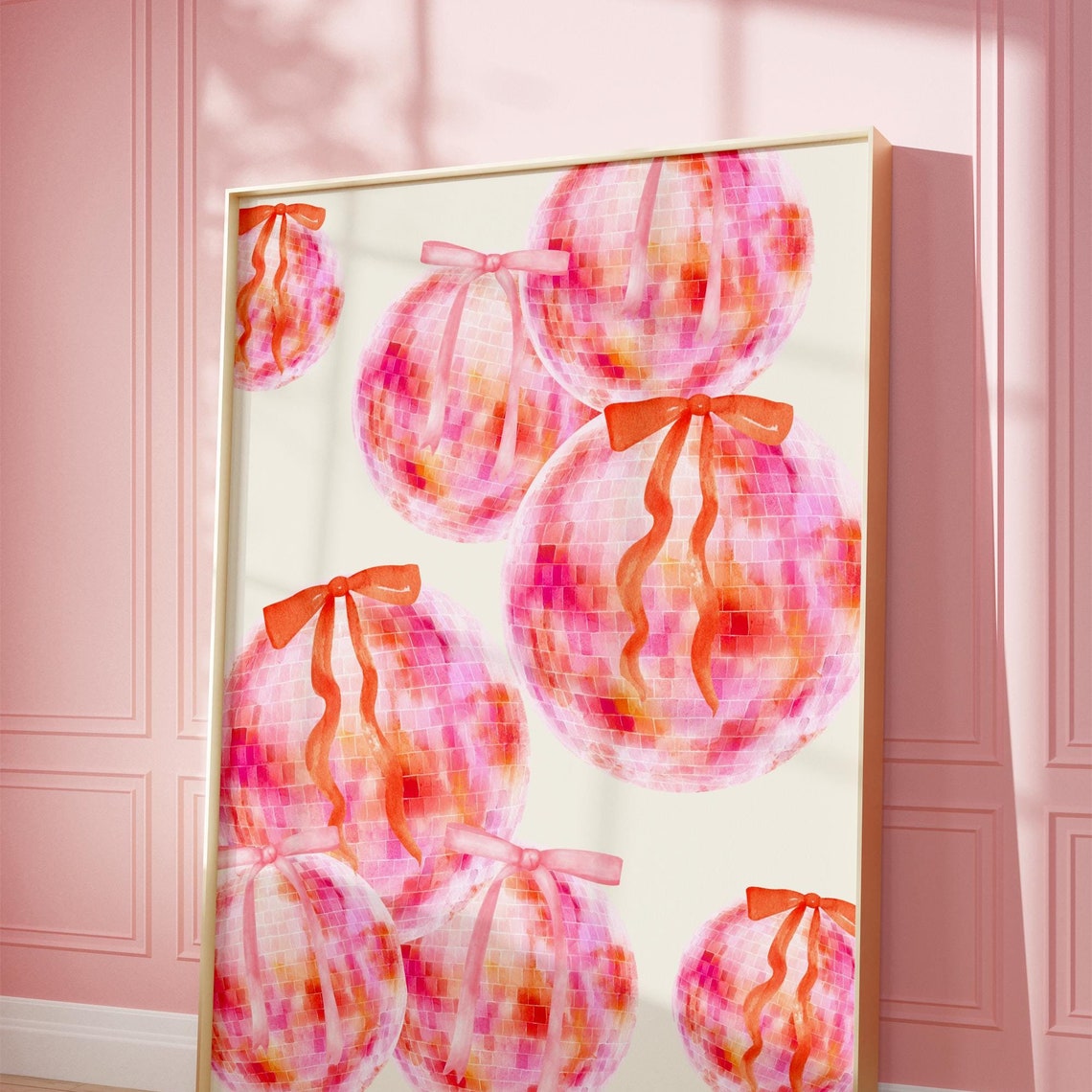 Pink Watercolor Disco Balls With Bows Coquette Trendy Wall Poster - Image 3