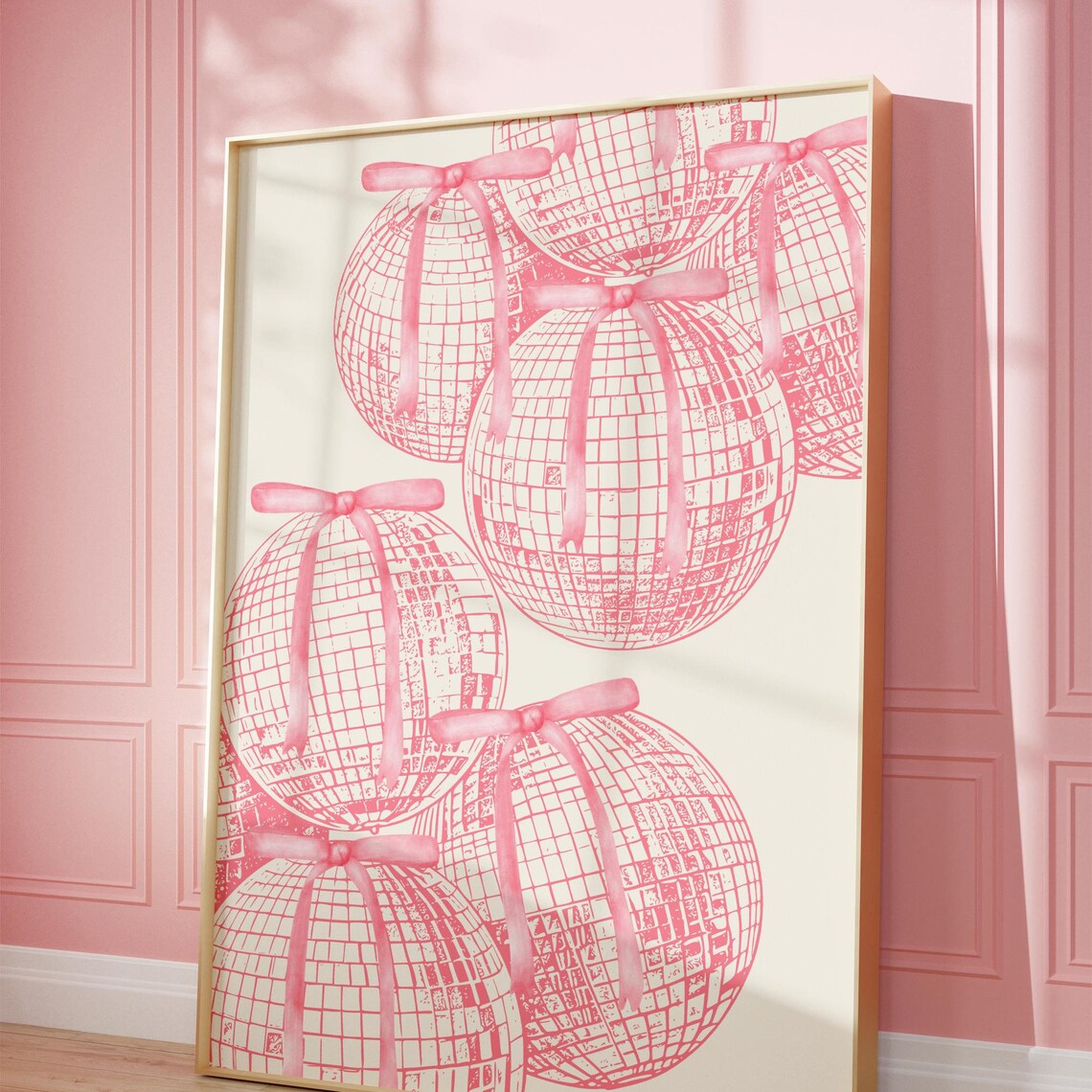 Pink Line Art Disco Balls With Ribbon Bows Coquette Dorm Poster