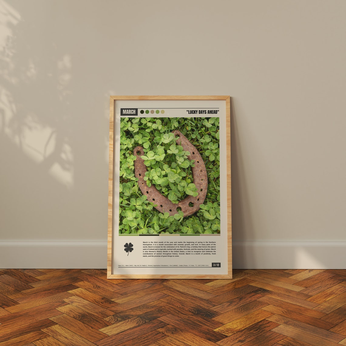 March Lucky Days Ahead Horseshoe Resting in Green Clover Field Poster - Image 4