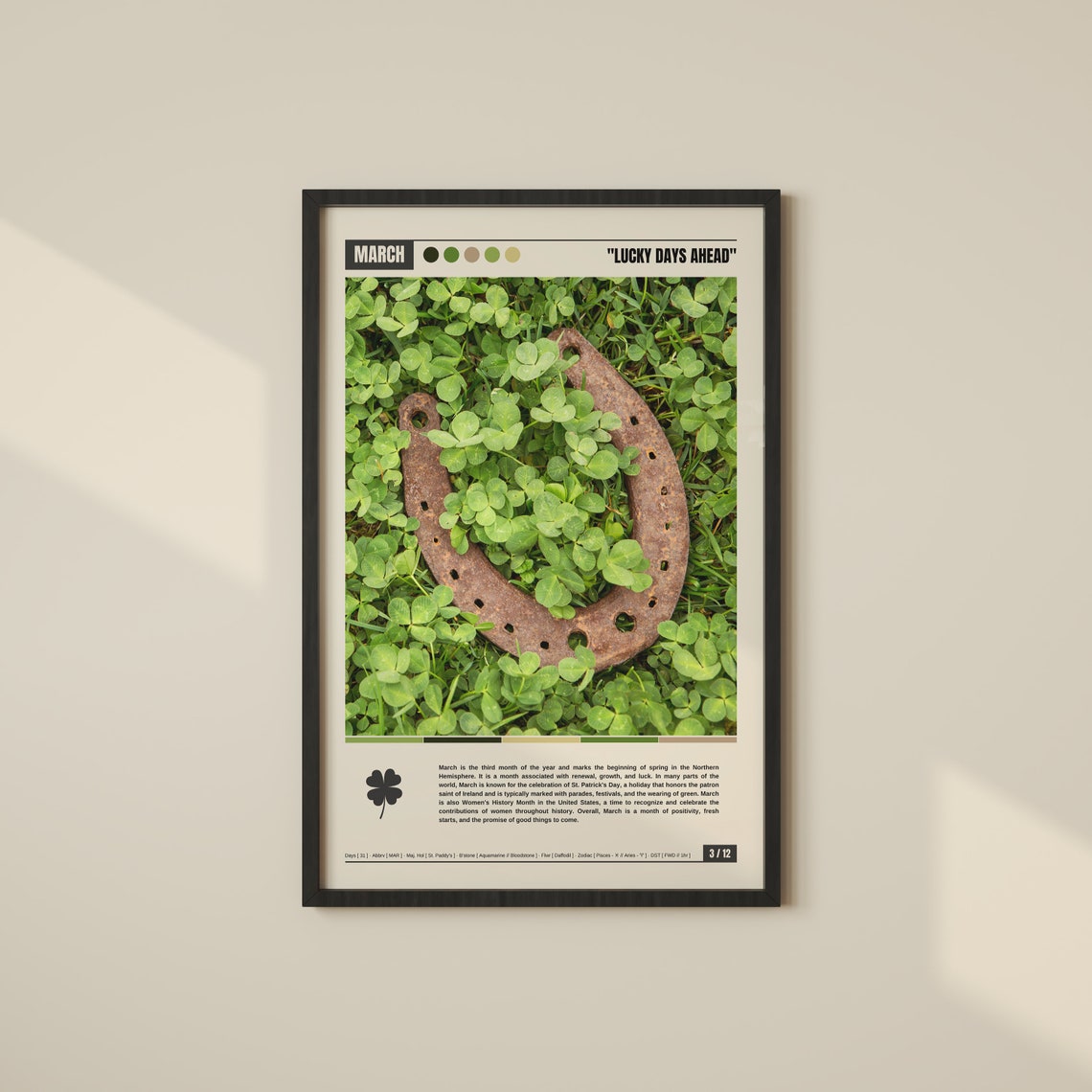 March Lucky Days Ahead Horseshoe Resting in Green Clover Field Poster