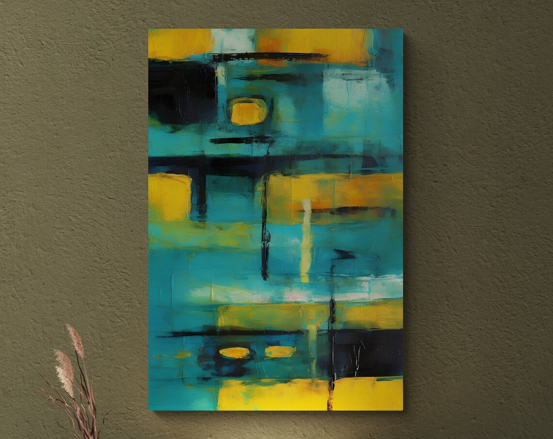 Turquoise Gold Geometric Blocks Mid Century Modern Abstract Art Poster - Image 3