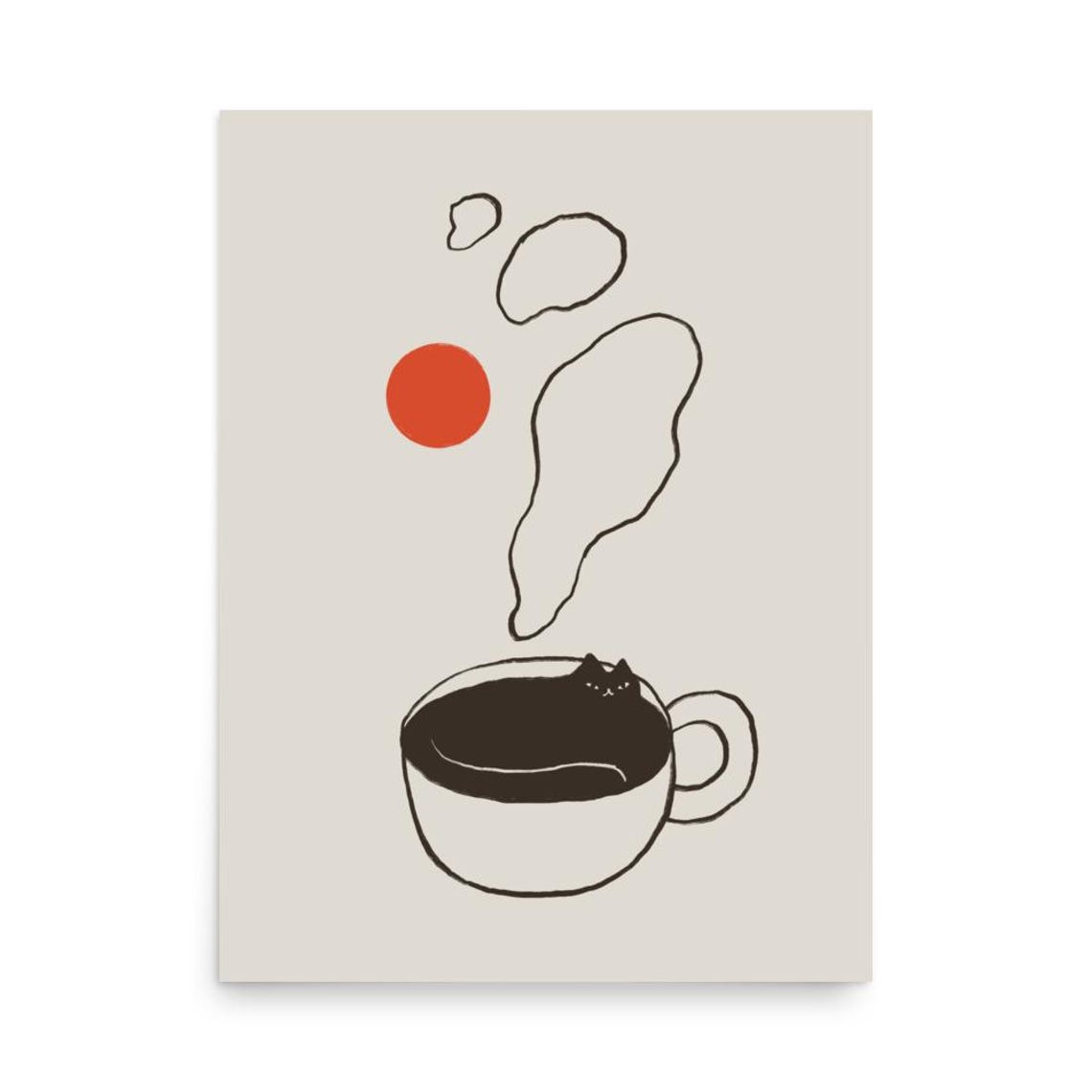 Black Cat Curled In Steaming Coffee Cup Minimalist Line Art Poster