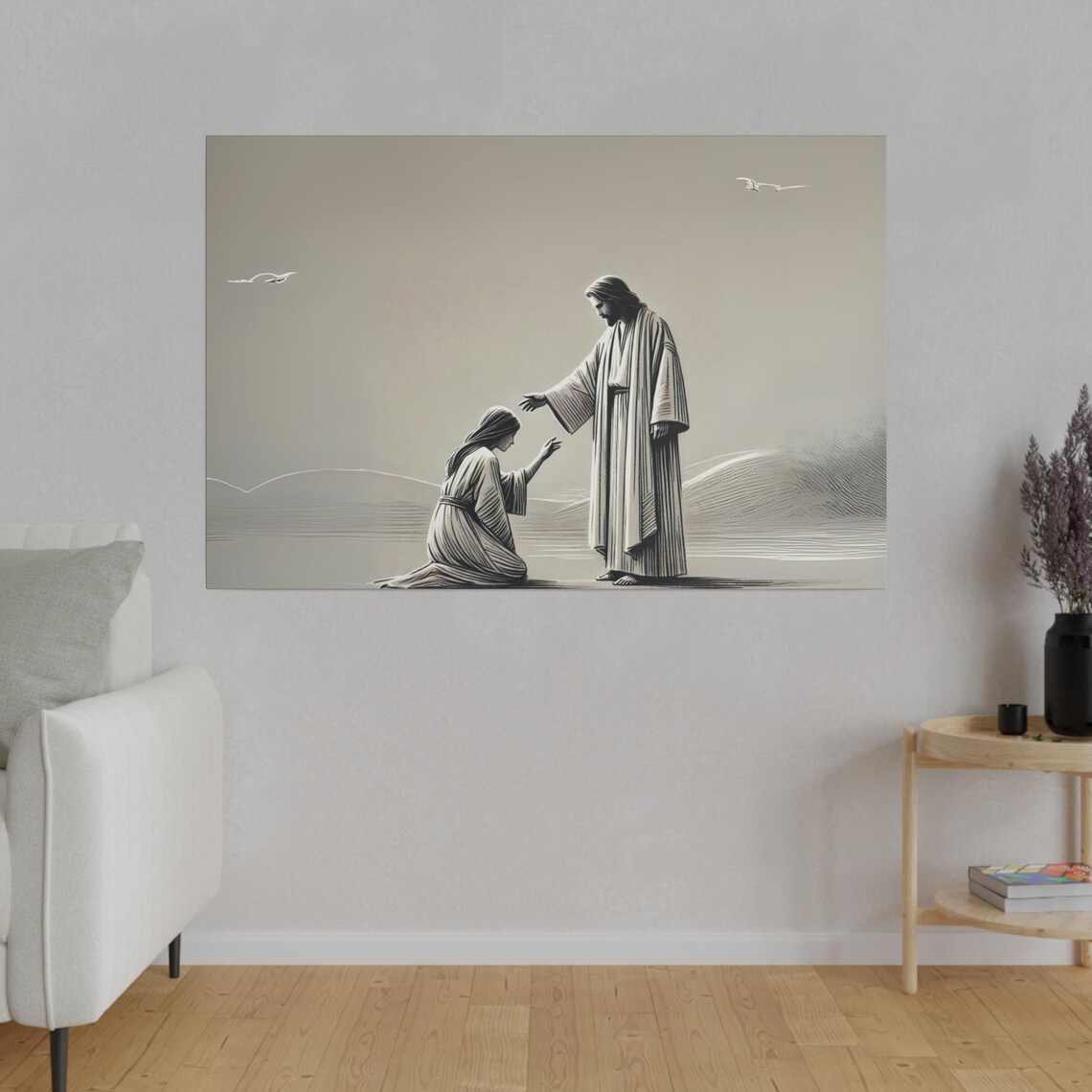 Jesus Healing The Sick Woman Monochrome Bible Story Art Poster - Image 3